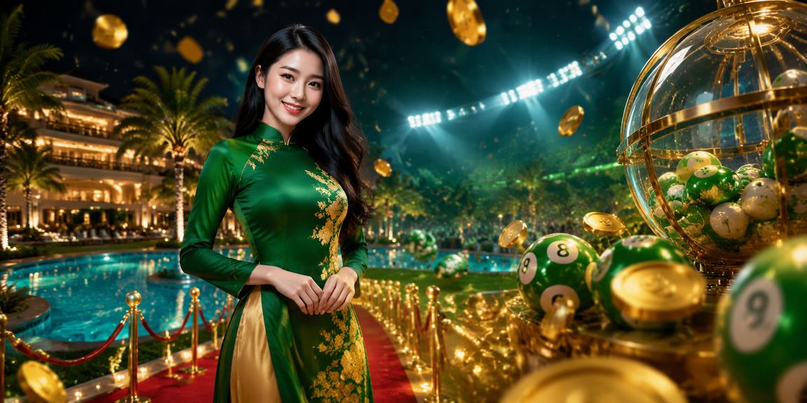 Người phụ nữ mặc áo dài tại Mũi Né cầm vé xổ số trực tuyến trong không khí lễ hội truyền thống Việt Nam