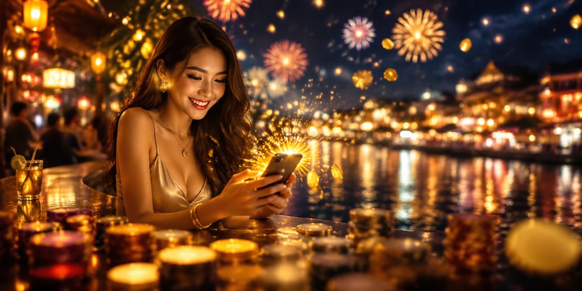 Du khách tại chợ đêm Phú Quốc truy cập casino trực tuyến trên điện thoại di động dưới ánh đèn lung linh
